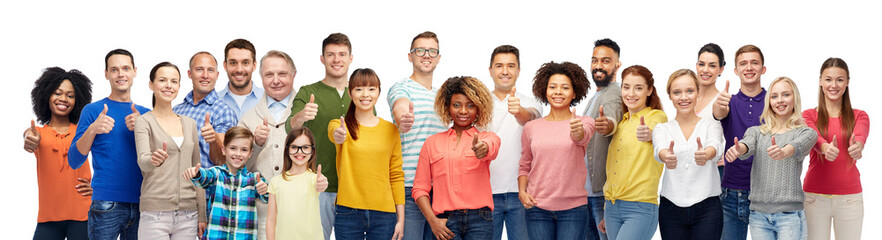 Wall Mural - people, diversity and international concept - group of men, women and kid showing thumbs up over whi