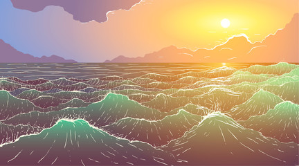 Wall Mural - Vector large ocean waves at sunset