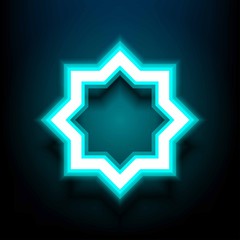 Poster - Blue Neon light geometric of Islamic, Arabesque ornament brings icon on blue background. Star of mandala Vector illustration.