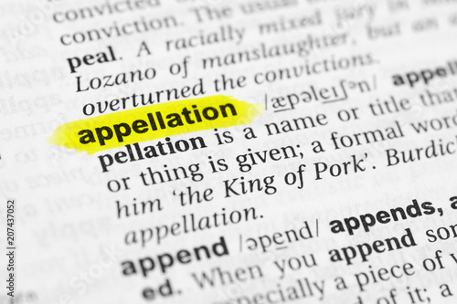 Fotografía Highlighted English word "appellation" and its definition in the dictionary