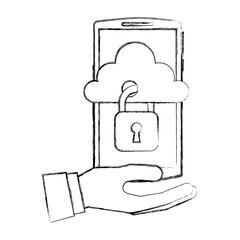 Sticker - hand with smartphone and cloud computing isolated icon vector illustration design