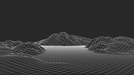 Poster - Abstract vector wireframe landscape. Abstract mesh landscapes. Polygonal mountains. Vector illustration.