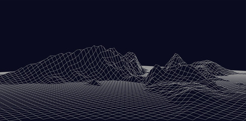 Poster - Abstract vector wireframe landscape. Abstract mesh landscapes. Polygonal mountains. Vector illustration.