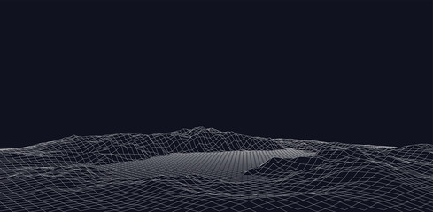 Poster - Abstract vector wireframe landscape. Abstract mesh landscapes. Polygonal mountains. Vector illustration.