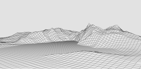 Poster - Abstract vector wireframe landscape. Abstract mesh landscapes. Polygonal mountains. Vector illustration.
