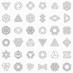 Set of geometric elements, impossible shapes, isolated on white, line design, vector illustration