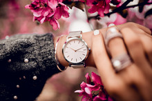 Beautiful Silver Watch On Woman Hand
