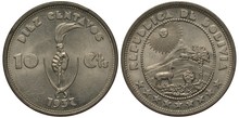 Bolivia Bolivian Coin 10 Ten Centavo 1937, Hand With Torch, Tongs Below, Llama, Sheaf And Palm Tree In Front, Hut, Mountain And Dun With Rays Behind, Nine Stars Below,