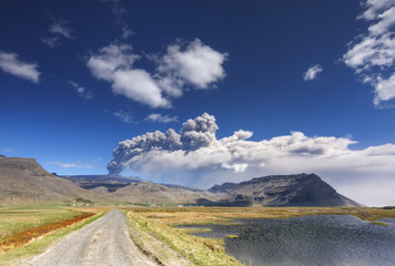 Wall Mural - Volcano ash eruption. / Volcanic landscape with eyjafjallajokull glacier in Iceland