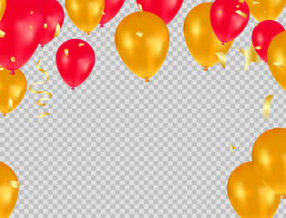 golden and red balloons, gold confetti and streamers