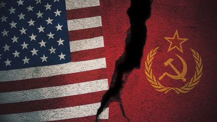 United States vs Soviet Union Flags on Cracked Wall
