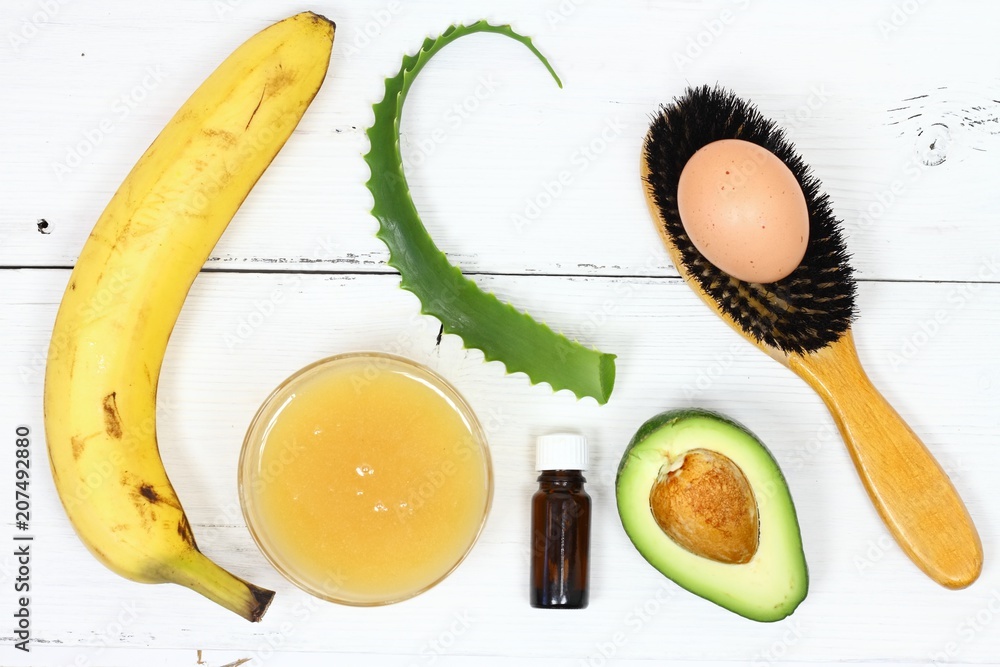 Hair mask fron banana, honey, avocado and aloe vera, egg Stock Photo |  Adobe Stock