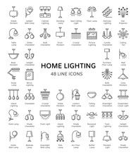 Different Kinds Of Wall, Ceiling, Table And Floor Lamps. Modern Light Fixtures. Home Lighting. Line Icon Collection. Isolated Objects.