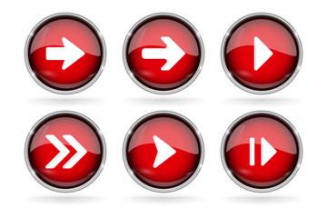 Poster - Red Next buttons with chrome frame. Round glass shiny 3d icons with arrows