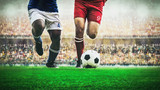 Fototapeta Sport - Two soccer football player dribbling a ball during match in the stadium
