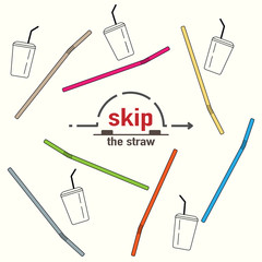 Single-use plastic outline icons of straw and beverage cup. Skip the straw typographic with straw box gimmick. Reduce plastic waste concept. Vector illustration. 