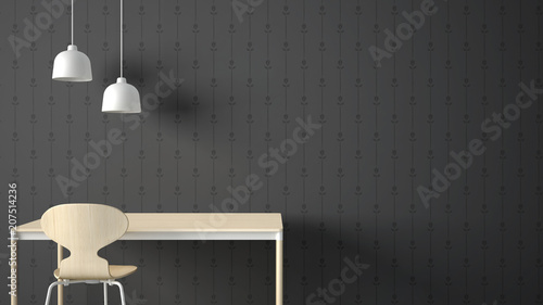 Minimalist Architect Designer Concept Table Desk And Chair Kitchen Or Office With Lamps On Floral Wallpaper Background Gray Interior Design Idea With Copy Space Buy This Stock Illustration And Explore Similar