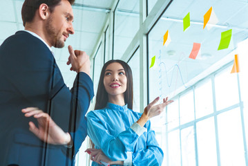 Wall Mural - The businessman and a businesswoman discussing near the glass with a graph