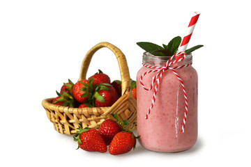 Wall Mural - Strawberry yogurt and fresh strawberries isolated on white