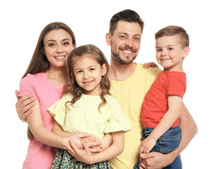 Wall Mural - Portrait of happy family with children on white background