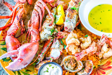 Macro Closeup Of Whole Lobsters In Shell And Seafood Platter On Plate With Tartar Sauce, Garlic Butter, Shrimp Tempura, Crab Meat, Lemon, Drinks, Food