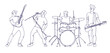 Rock musicians illustration in continuous single line drawing style. Dynamic and minimalistic design. Isolated characters playing rock music. 