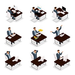 Wall Mural - trendy isometric people, 3d businessman, concept with young businessman, workflow, search for employ