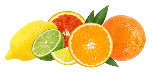 Collage of fresh citrus isolated on white background with clipping path