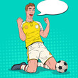 Pop Art Soccer Player Celebrating Goal. Happy Footballer, Sport Concept, World Cup. Vector illustration