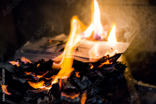 Burning Fire Paper Letters In Indoor Home Interior Fireplace With