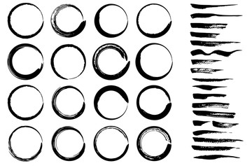 Wall Mural - Grungy hand drawn black ink brush strokes and round frames
