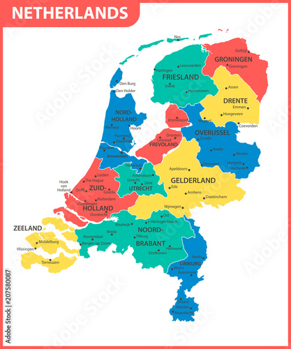 Fotomural The detailed map of Netherlands with regions or states and cities, capital