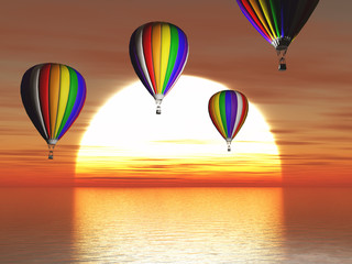 Wall Mural - 3D hot air balloons floating about a sunset ocean