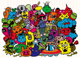 Wall Mural - Funny monsters pattern for coloring book. Black and white backgr