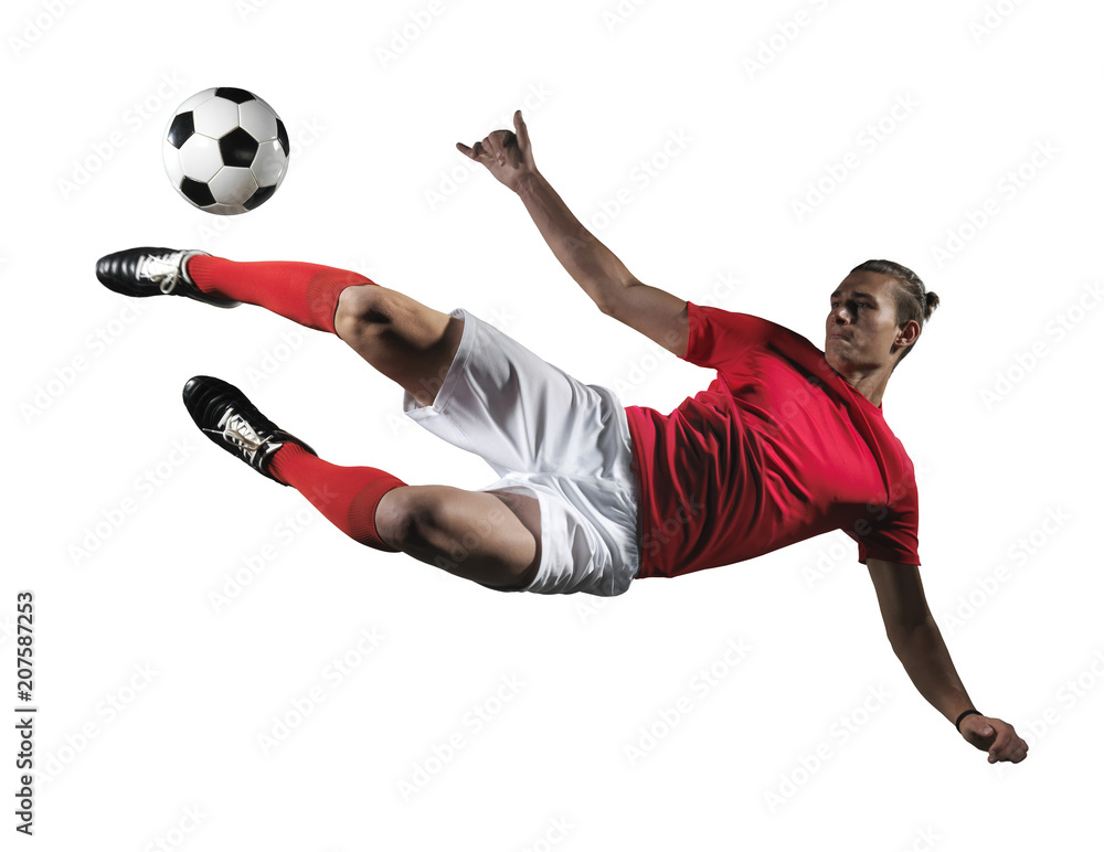 Soccer player in action on white background. - obrazy, fototapety, plakaty 