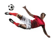 Soccer player in action on white background.