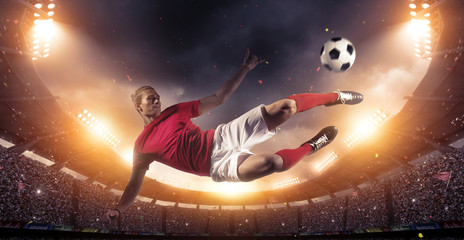 Wall Mural - Soccer player in action on stadium background.