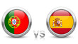 Portugal vs Spain - Match 3 - Group B - 2018 tournament. Shiny metallic icons buttons with national flags isolated on white background.
