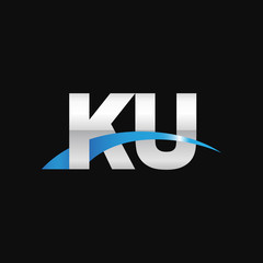 Initial letter KU, overlapping movement swoosh logo, metal silver blue color on black background