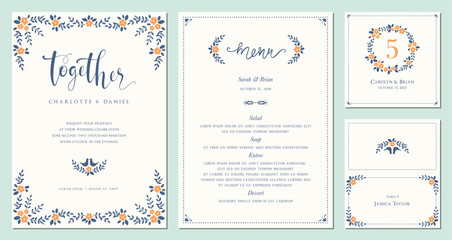 Wall Mural - Invitation, menu, table number and name place card design.  Floral wedding templates. Good for birthday, bridal and baby shower. Vector illustration.
