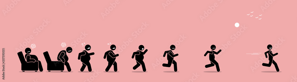Fat man getting up, running, and become thin transformation. Vector artwork concept shows a stage by stage of an obese man turning himself into a healthy body by running.  - obrazy, fototapety, plakaty 