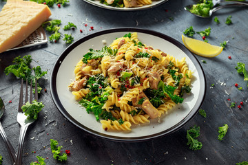 Homemade Pasta fusilli with Chicken, Green Kale, Garlic, lemon and parmesan cheese. healthy home food