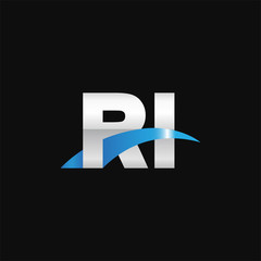 Initial letter RI, overlapping movement swoosh logo, metal silver blue color on black background