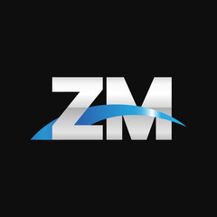 Wall Mural - Initial letter ZM, overlapping movement swoosh logo, metal silver blue color on black background