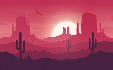 colorful desert landscape at hot sunset.