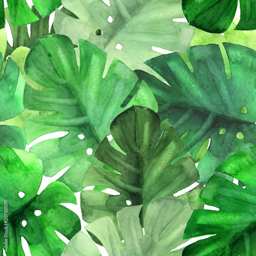 Fototapeta na wymiar Seamless green tropical pattern. Watercolor illustration