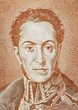 Military and political leader Simon Bolivar portrait close up on old Bolivian banknote