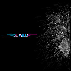 Wall Mural - Abstract mash line and point. Vector image of lion origami on black background with an inscription. Lion's head Low poly wire frame illustration with distruction effect. Wild animal illustration.