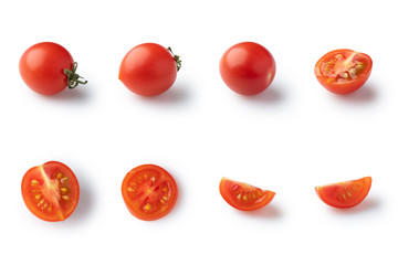 set of different cherry tomatoes isolated with shadow on white background