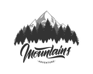 Fototapete - Vector illustration: Mountains emblem with handwritten type lettering. Typography design.